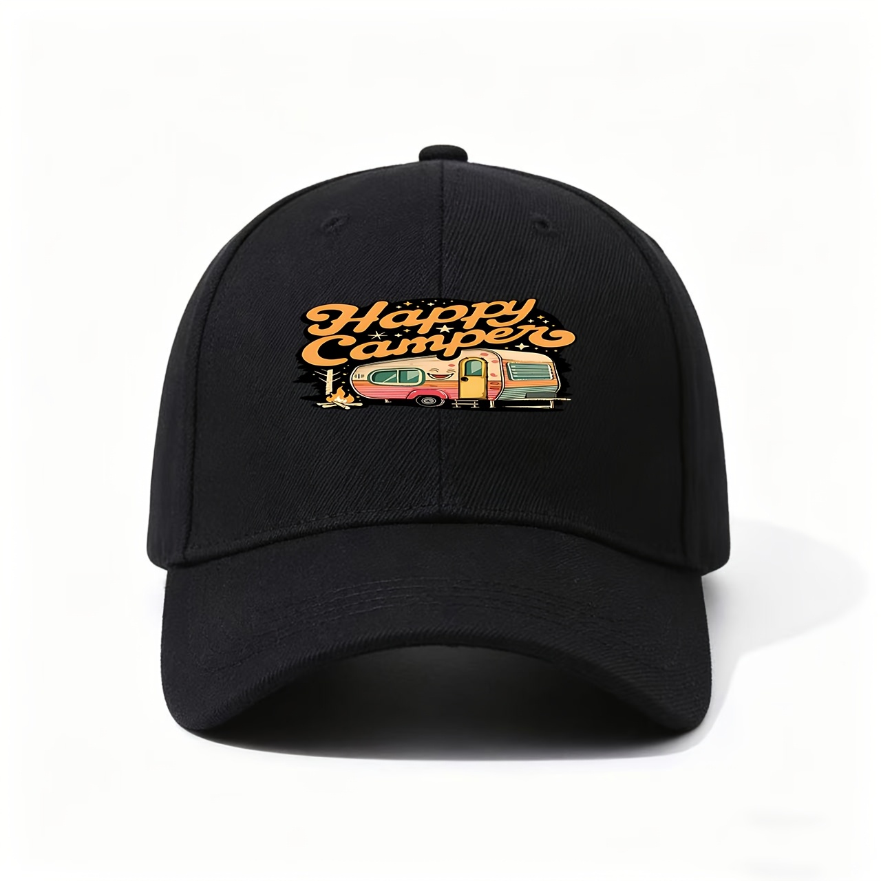 Outdoor Adventure Vacations - Happy Camper Trailer Illustration Hat, Perfect