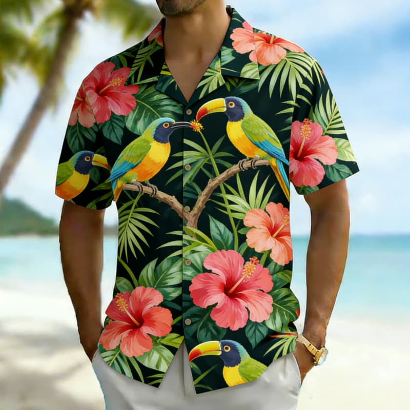 Outdoor Adventure Vacations - Men's Premium Tropical Bird Print Button